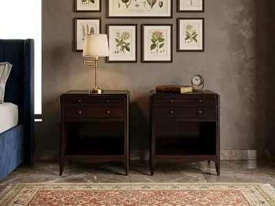 Pottery Barn Pair of Dark Wood Bedside Nightstands with Drawers - Set of 2
