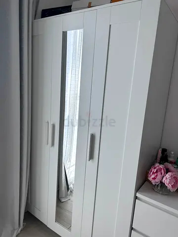 White 3-Door Wardrobe with Mirror - Good Condition