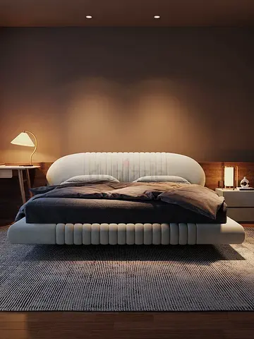Modern upholstered king bed with rounded headboard - beige