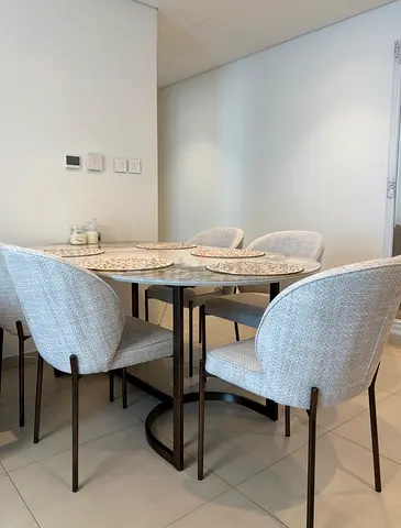 Modern Round Dining Table with 6 Upholstered Chairs - Light Grey