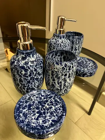 Blue white speckled ceramic bathroom accessory set - soap dispenser, tumbler, soap dish