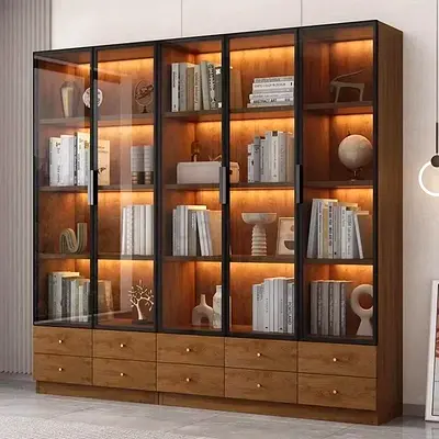 Modern Wooden Display Cabinet with Glass Doors and Built-in Lighting