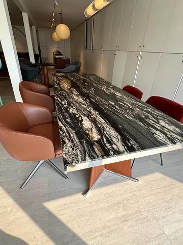 Large Black Marble Dining Table with Metal Base - Excellent Condition
