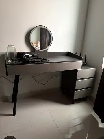 Modern grey dressing table with mirror and drawer unit
