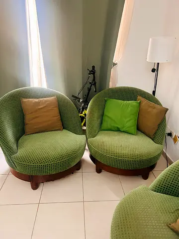 Pair of Green Patterned Round Lounge Chairs