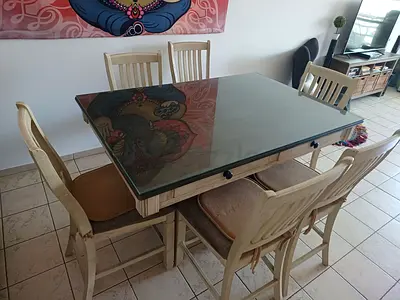 Solid Wood 6-Seater Dining Table with Glass Top and Chairs - Light Cream