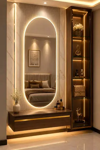 Wall-mounted dressing table with illuminated oval mirror and display cabinet