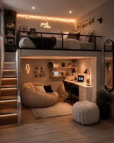 Loft Bed with Built-in Desk and Shelving - Cozy Study & Sleep Setup