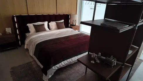 Queen bed frame with headboard and bedside tables - dark wood finish