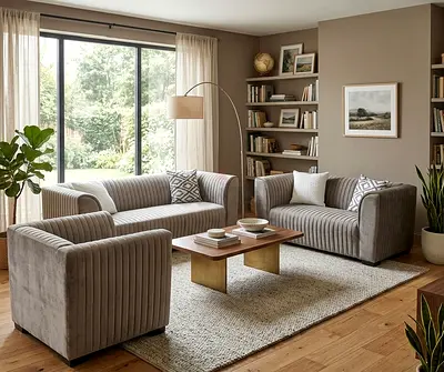 3-piece velvet sofa set with modern vertical channel tufting - light grey