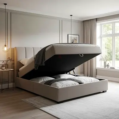 King storage bed with hydraulic lift - upholstered beige