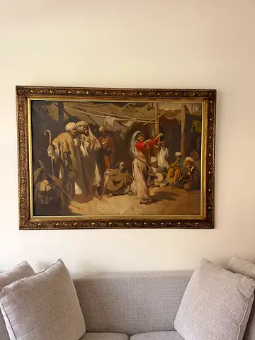 Large Vintage Religious Oil Painting in Ornate Frame, hand drawn by an Iraqi artist.