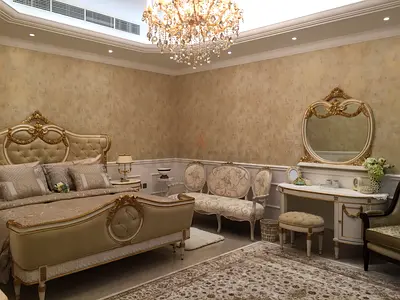 Classic Antique-Style King Bedroom Set with Upholstered Bed, Vanity, Seating with consoles, dresser