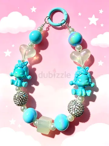 Handmade Cute Blue Beaded Bag Charm / Keychain with Teddy Charms