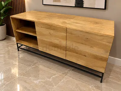 West elm Modern Wooden media table with Black Metal Frame