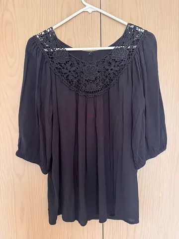 United Colours of Benetton Black blouse with lace yoke, size M