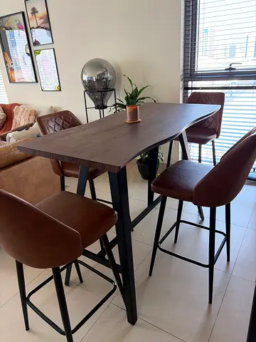 Wooden High Dining Table with 4 Brown Leather Bar Stools - Good Condition