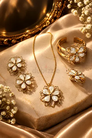 Gold-tone floral jewelry set with necklace, bracelet, ring, earrings.