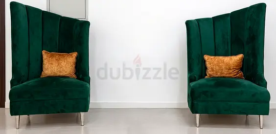 Pair of Luxury Emerald Green Velvet High-Back Accent Chairs & Mustard Pillows