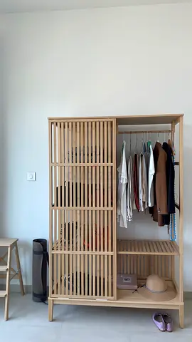 Light bamboo open wardrobe with sliding slatted doors — excellent condition