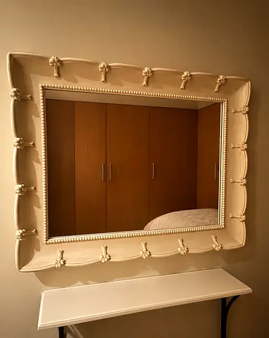 Large Decorative Wall Mirror with Ornate Cream Frame and Shelf