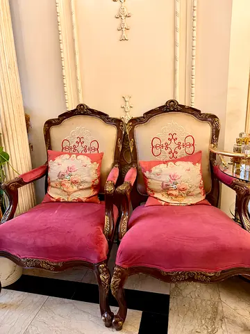 Pair of Antique-Style Upholstered Armchairs — Solid Wood Frame, Pink Velvet Seats