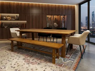 Marina Home Solid Wood Dining Table with Bench and Upholstered Chairs - Set