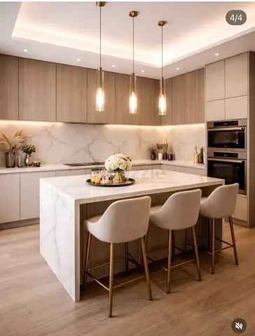 Modern Marble Kitchen Island with 3 Counter Stools