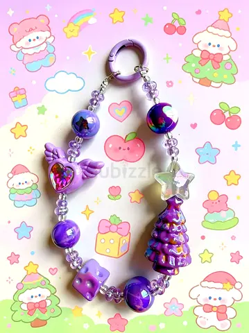 Handmade pink beaded charm bracelet/keychain with floral charms