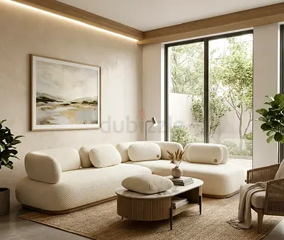Modern Cream Fabric Curved Corner Sofa - 3 Seater with Ottoman