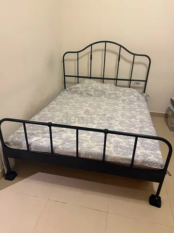 Black Metal Double Bed Frame with Mattress - Good Condition