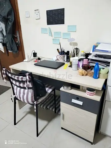 Simple study desk with storage cabinet and chair - light wood finish