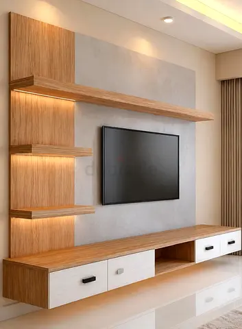 Modern wall-mounted TV entertainment unit with shelves and drawers