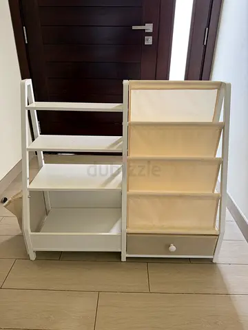 White wooden storage organizer with fabric drawers - compact unit