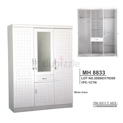 White 3-Door Wardrobe with Mirror & Drawers - 150x52x200 cm