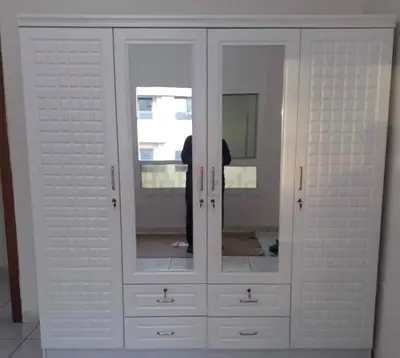 White 4-Door Wardrobe with Mirrors and Drawers - Good Condition