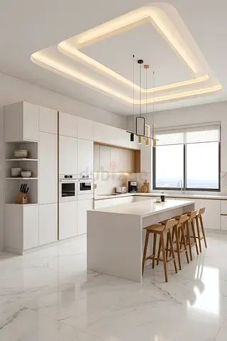 Modern recessed ceiling LED panel with layered gypsum design for kitchen/living