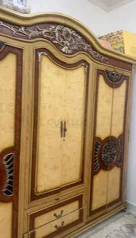 Large Ornate Wooden Wardrobe with Rattan Panels - Good Condition