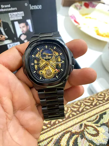 Automatic skeleton men's wristwatch with black metal bracelet