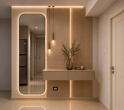 Modern wall-mounted console with LED backlit mirror and wall cleding