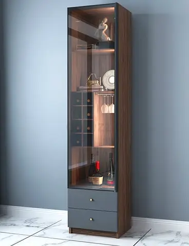 Tall Display Cabinet with Glass Door and Drawers - Walnut Finish