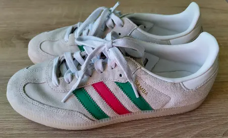 Used Adidas Samba sneakers - green & red stripes, size UK 7.5