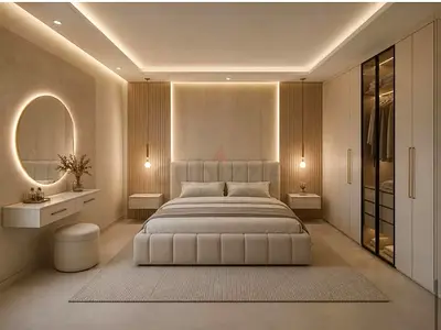 Modern Neutral Upholstered Bed with Built-in Headboard and Wardrobe (Beige) and dressing with mirror