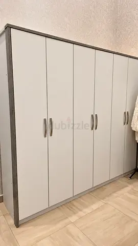 White 6-Door Wardrobe with Grey Trim - Good Condition