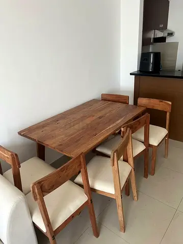 Solid Wood 6-Seater Dining Table with Cushioned Chairs