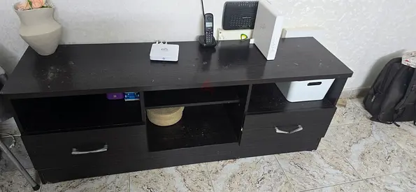 Dark wood TV cabinet / media console - 2 drawers, open shelves