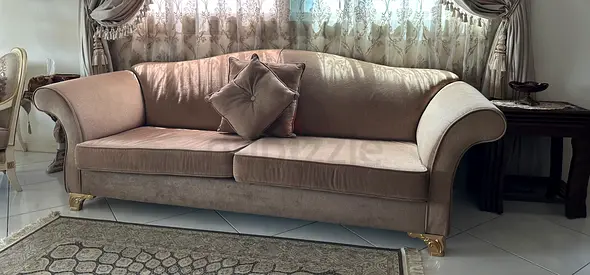 Beige 3-Seater Velvet Sofa with Curved Arms and Gold Feet