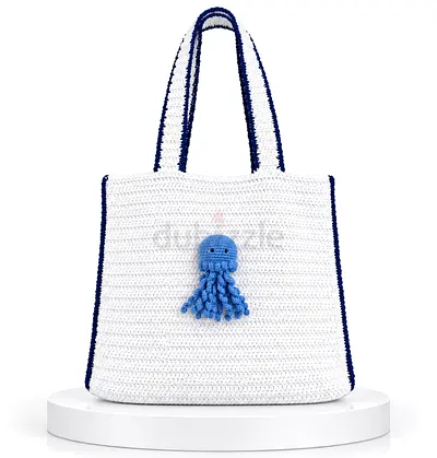 Handmade White Crochet Tote Bag with 3d Blue Octopus Charm