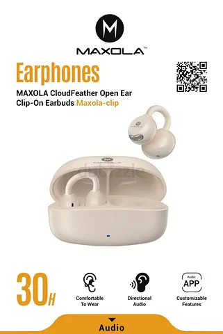 Maxola CloudFeather Open Ear Clip-On True Wireless Earbuds with Charging Case