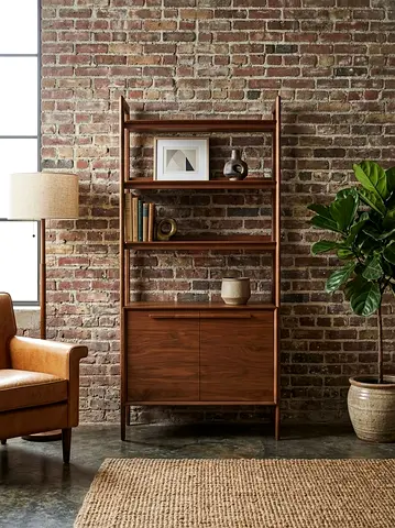 Crate & Barrel Mid-century Walnut Open Bookcase with Lower Cabinet